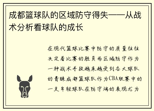 成都篮球队的区域防守得失——从战术分析看球队的成长