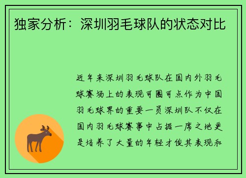 独家分析：深圳羽毛球队的状态对比