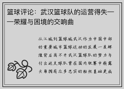 篮球评论：武汉篮球队的运营得失——荣耀与困境的交响曲