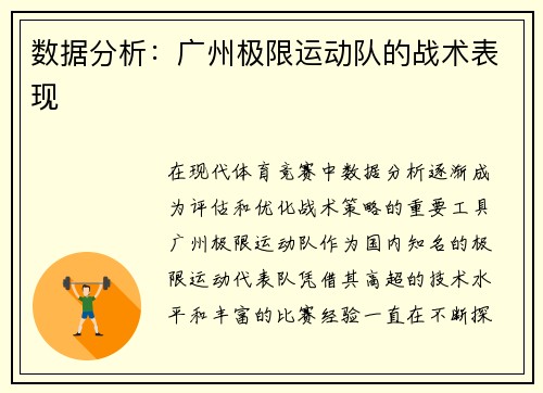 数据分析：广州极限运动队的战术表现