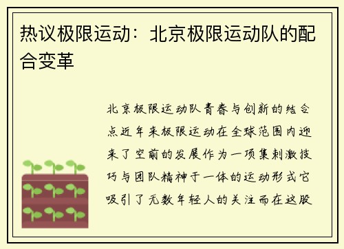 热议极限运动：北京极限运动队的配合变革